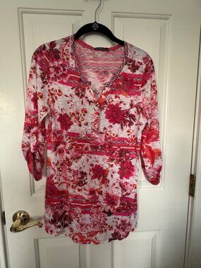 David Cline Floral Burnout Knit Top Medium Pink Coral 3/4 Sleeve